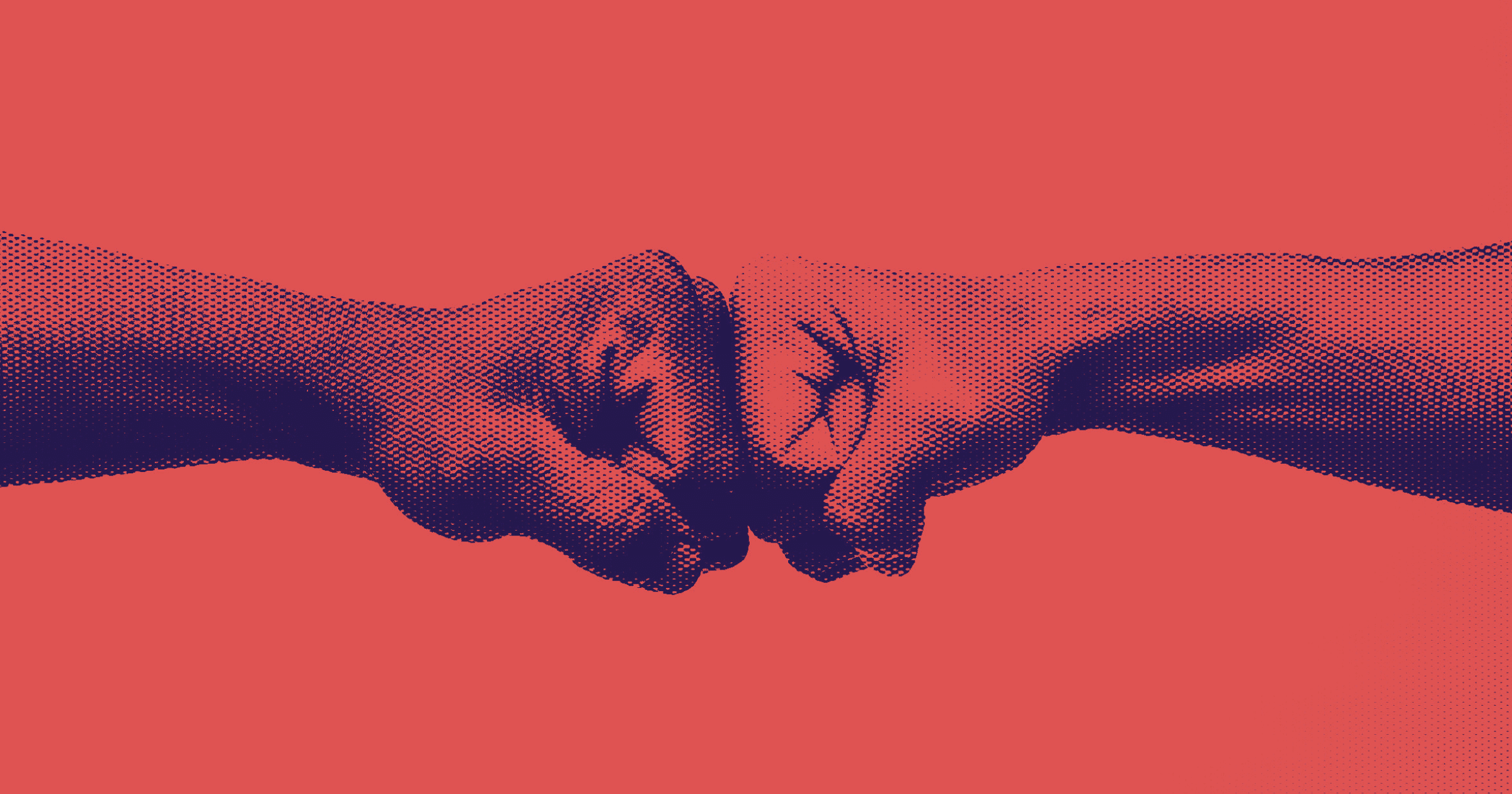 Two fists bumping, illustrated in a red duotone halftone style